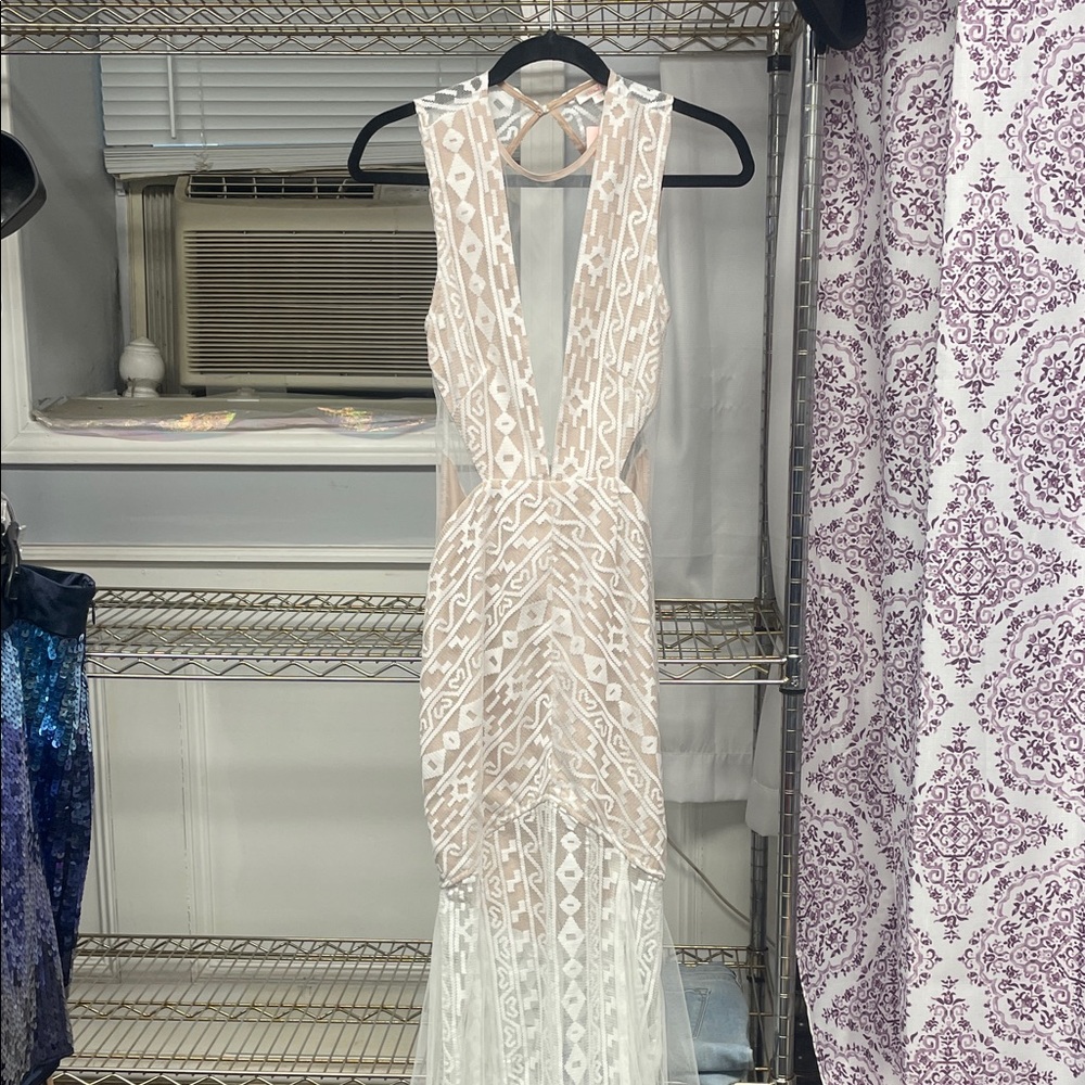 Luxxel Nude and White Beaded Backless Evening Gown